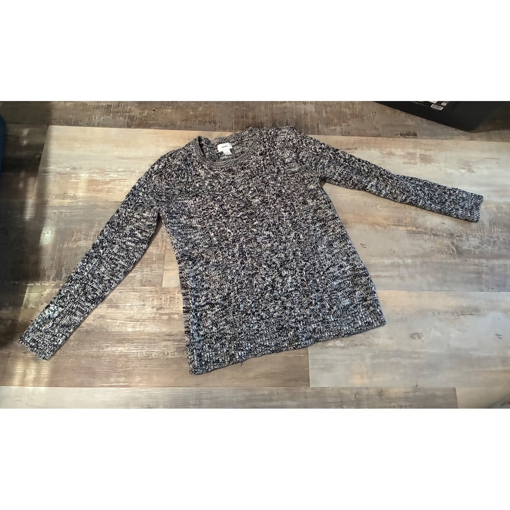 Old Navy Womens L Black White Marled Cable Knit Crew Neck Sweater Long Sleeve